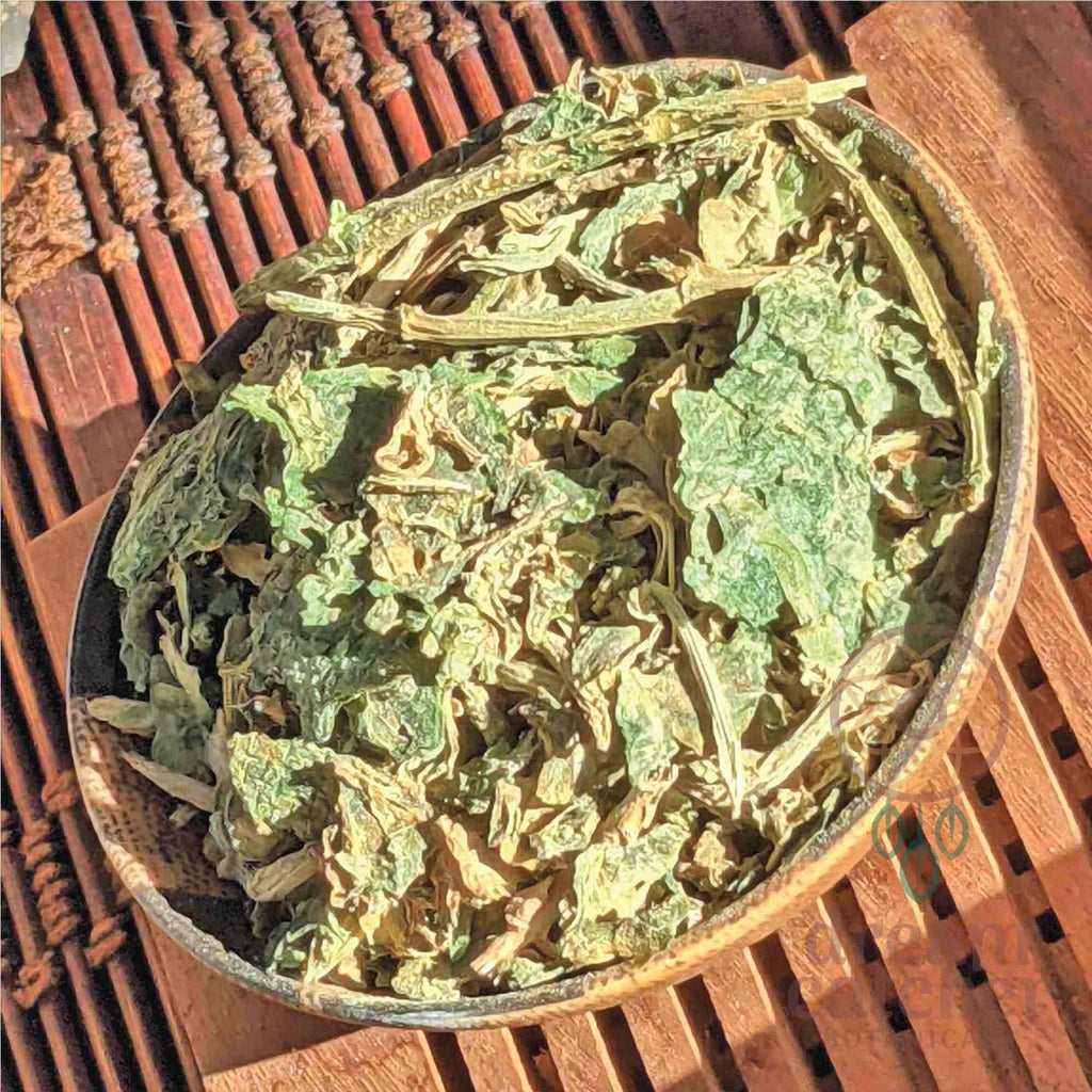 Organic Kanna Leaf and stem, Channa, Kougoed Kauwgoed/ 'kougoed', prepared brew tea fermented Sceletium tortuosum
